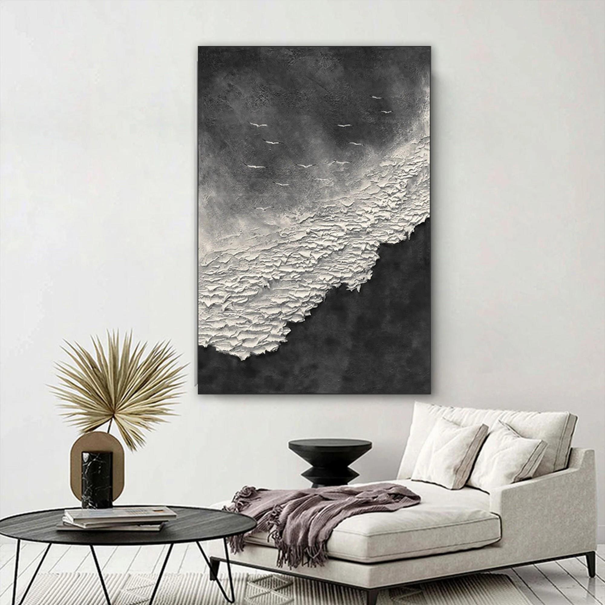 3D Negro Blanco Ola Wabi sabi por Palette Knife playa pájaros gaviota textura de la orilla del mar Pintura al óleo